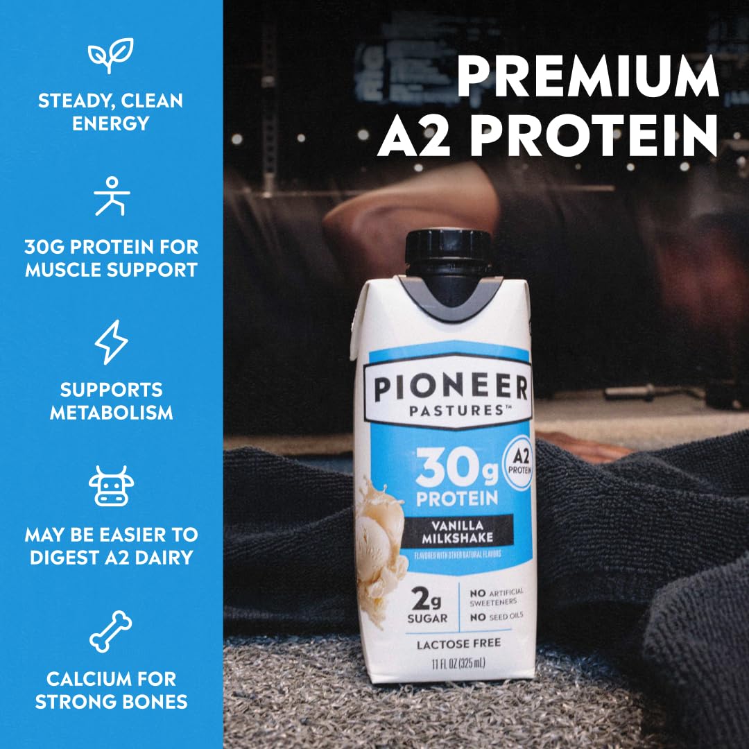 Pioneer Pastures Protein A2 Milkshakes, Strawberries & Cream, 11oz, 12 Pack