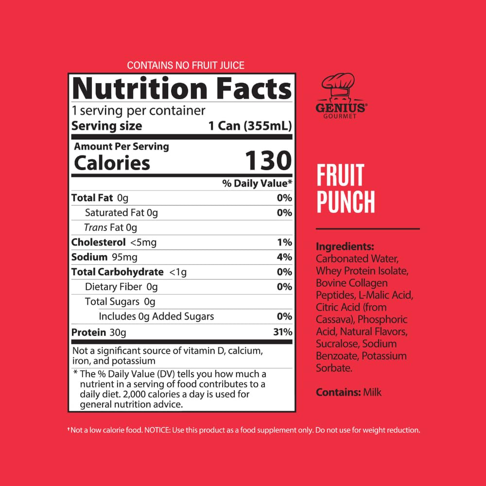 Genius Gourmet Clear Protein Sparkling Water Fruit Punch, 18 Pack