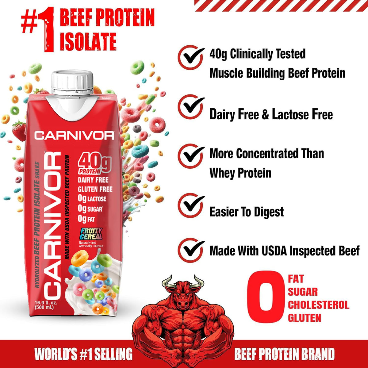 MuscleMeds Carnivor RTD, Ready to Drink Protein, Lactose Free, Sugar Free, 40g Isolate Protein, Muscle Building, Recovery, Chocolate, 16.9 Fl Oz (Pack of 12)