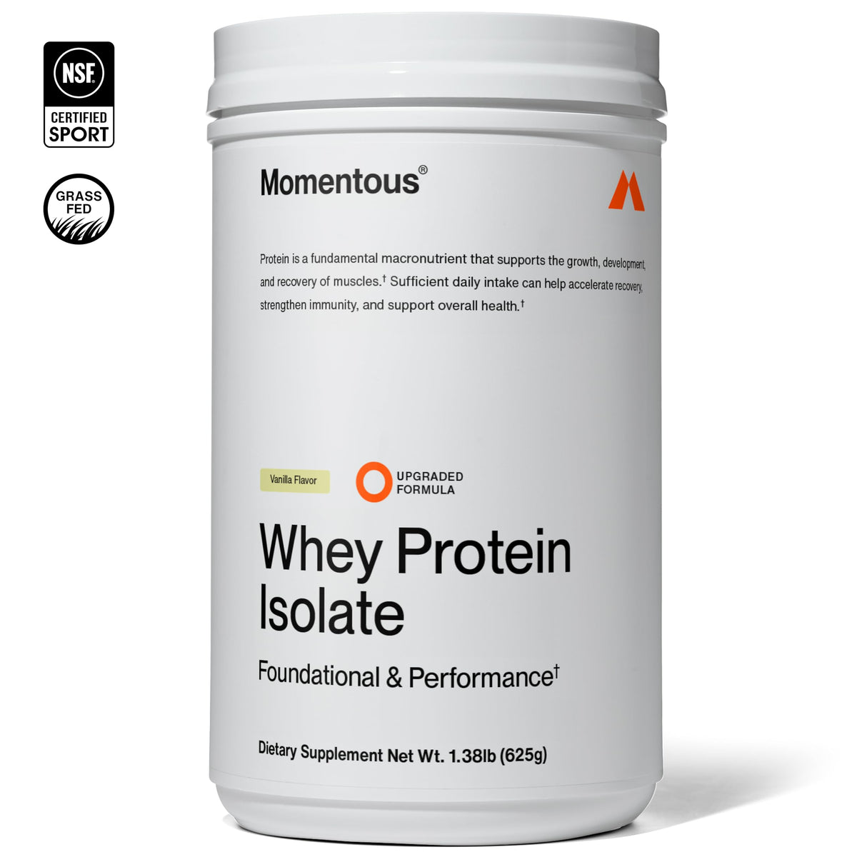 Momentous Grass-Fed Whey Protein Isolate Powder, 20g, Unflavored