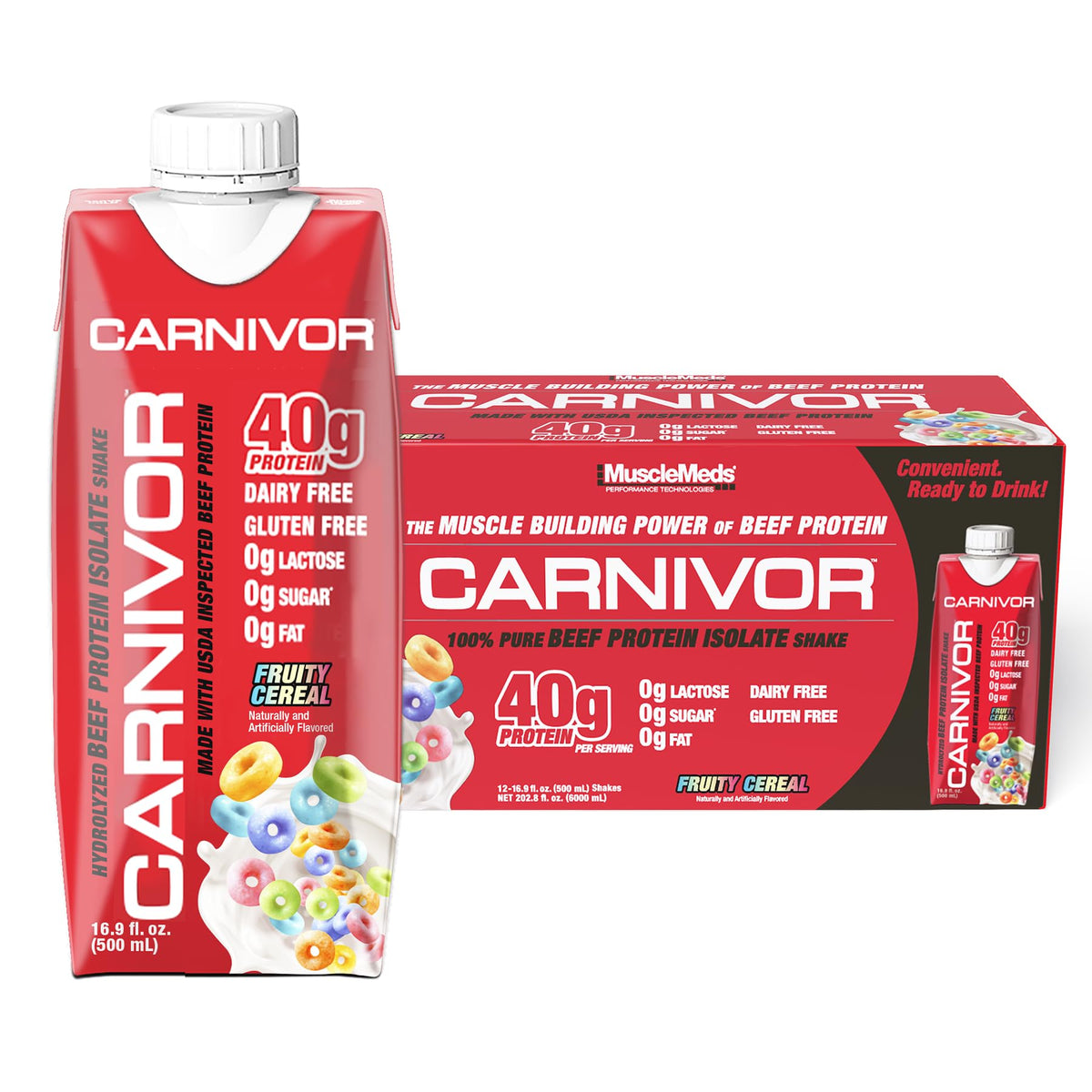 MuscleMeds Carnivor RTD, Ready to Drink Protein, Lactose Free, Sugar Free, 40g Isolate Protein, Muscle Building, Recovery, Chocolate, 16.9 Fl Oz (Pack of 12)