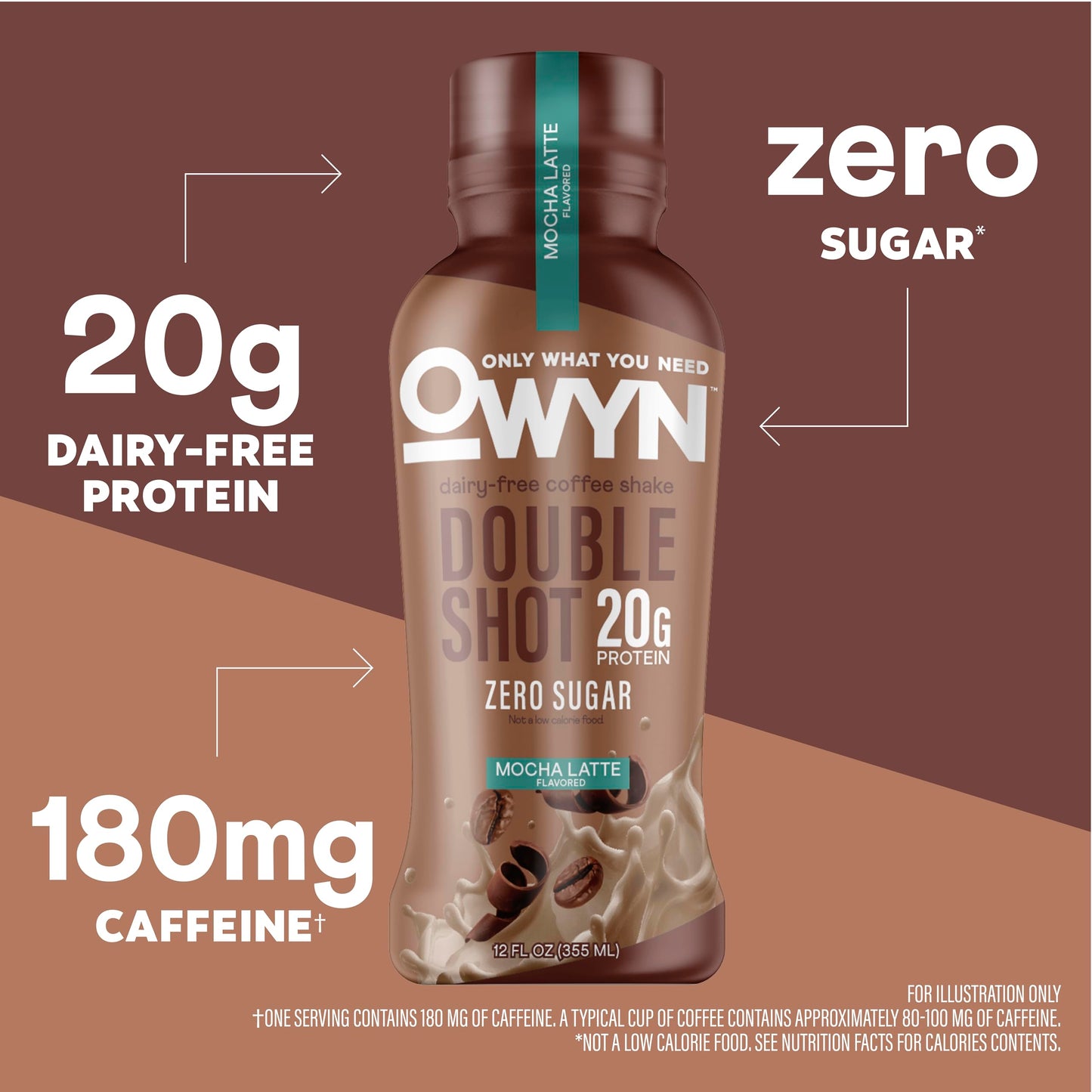 OWYN Only What You Need Double Shot Caramel Macchiato Flavored Protein Shake, 20g Protein, 0g Sugar, 3g Fiber, 180mg Caffeine, Dairy Free, Plant Based Protein Drink, 12 Count