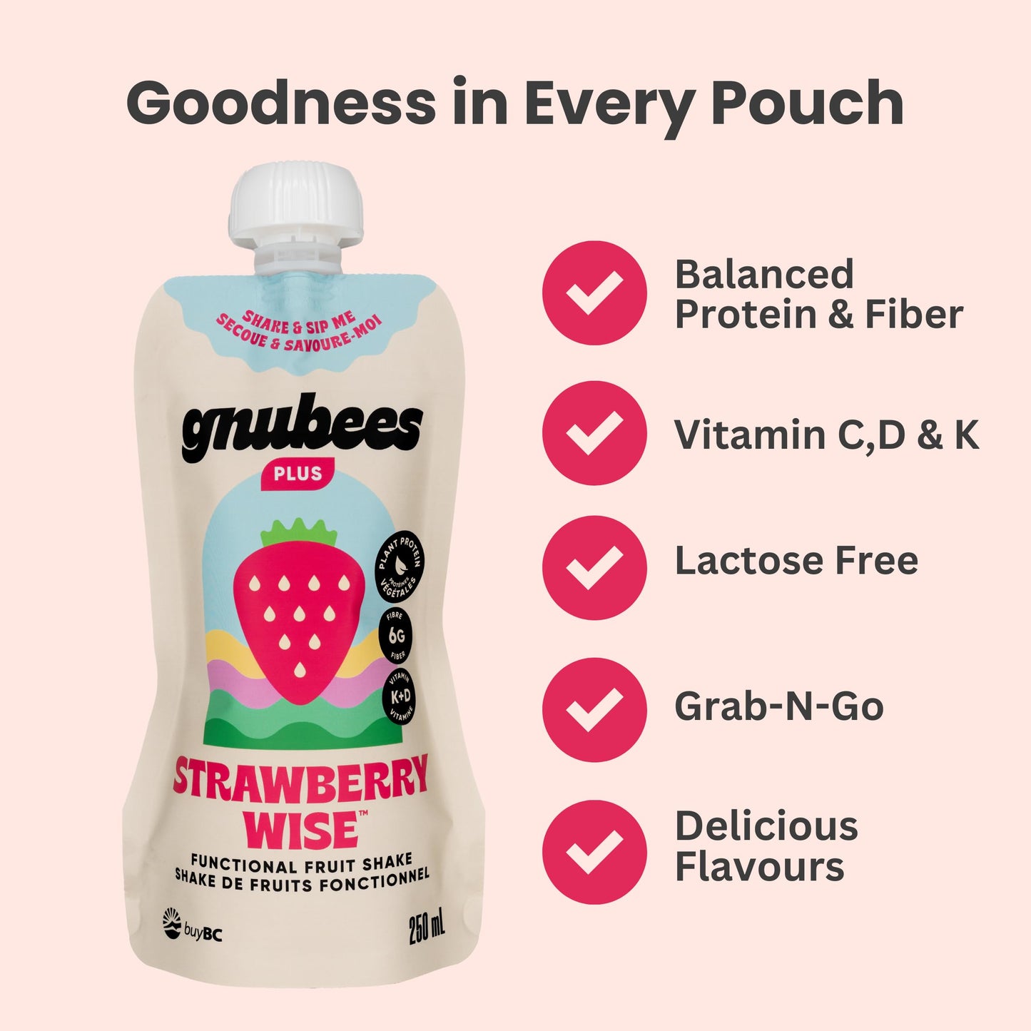 Gnubees Protein Smoothie, 6 Count – 8g Protein + 4g Fibersol | Ready-to-Drink Protein Shake For Adults with Real Fruits, Prebiotic, Non GMO, Lactose Free - Strawberry Wise, 8 fl oz