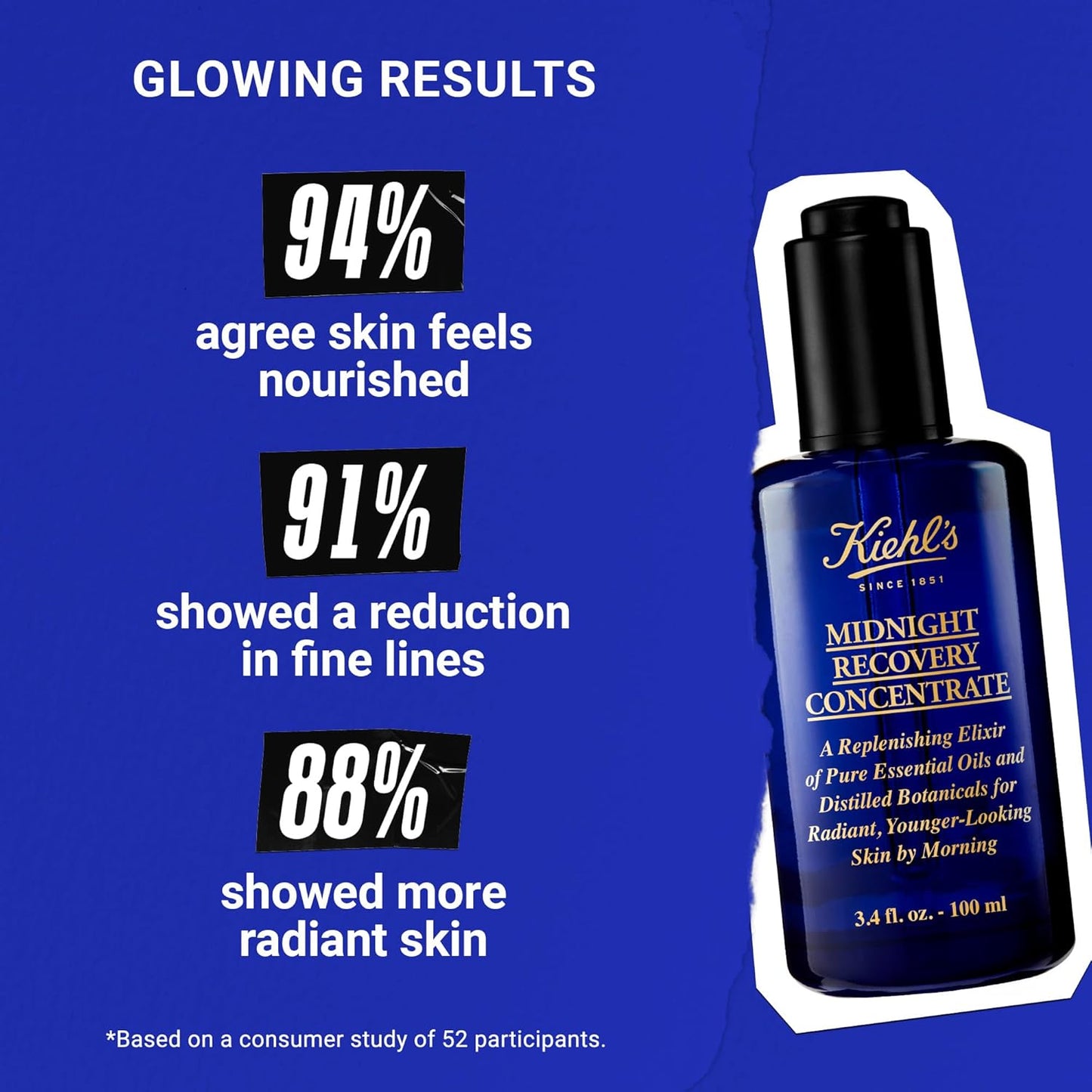 Kiehl's Midnight Recovery Concentrate Moisturizing Face Oil, Lightweight Facial Serum, Restores Skin Radiance Overnight, Reduces Fine Lines, Refines Skin Texture, 99.4% Naturally Derived - 3.4 fl oz