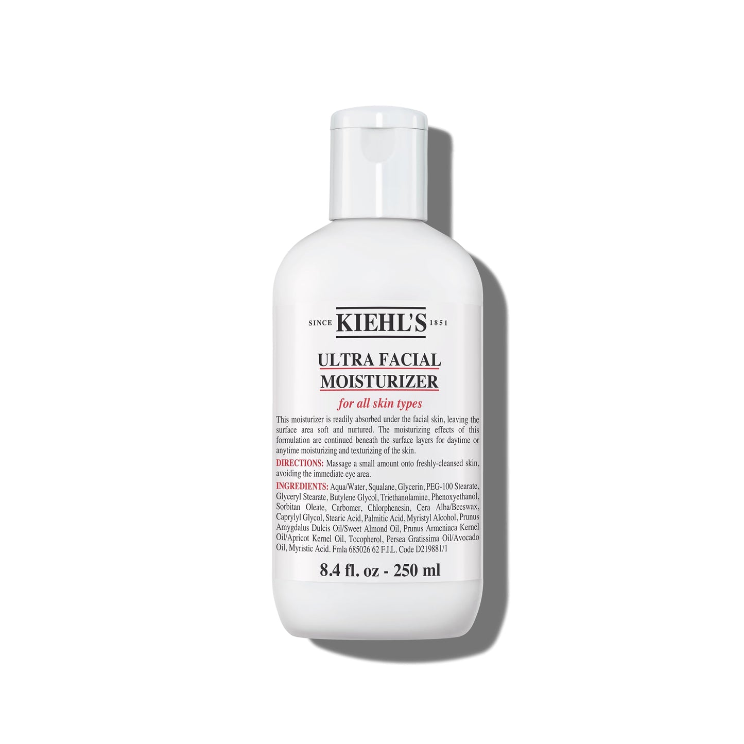 Kiehl's Ultra Facial Moisturizer, for Easy Daily Hydration, Infused with Squalane and Glycerin, Replenishes Moisture Barrier and Softens Skin, Suitable for All Skin Types, Fragrance-Free