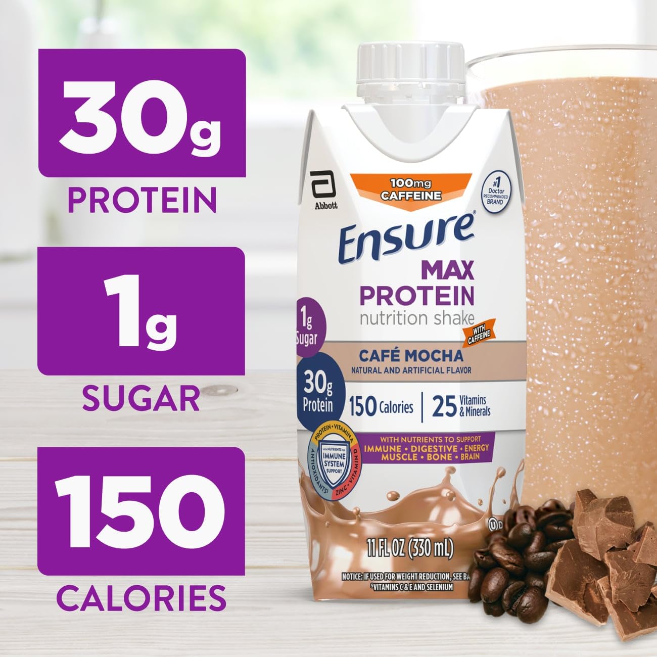 Ensure Max Protein Shake | Milk Chocolate | Ready to Drink | 30g Protein for Muscle Health | 1g Sugar, 4g Fiber | 11 fl oz, 12 Pack