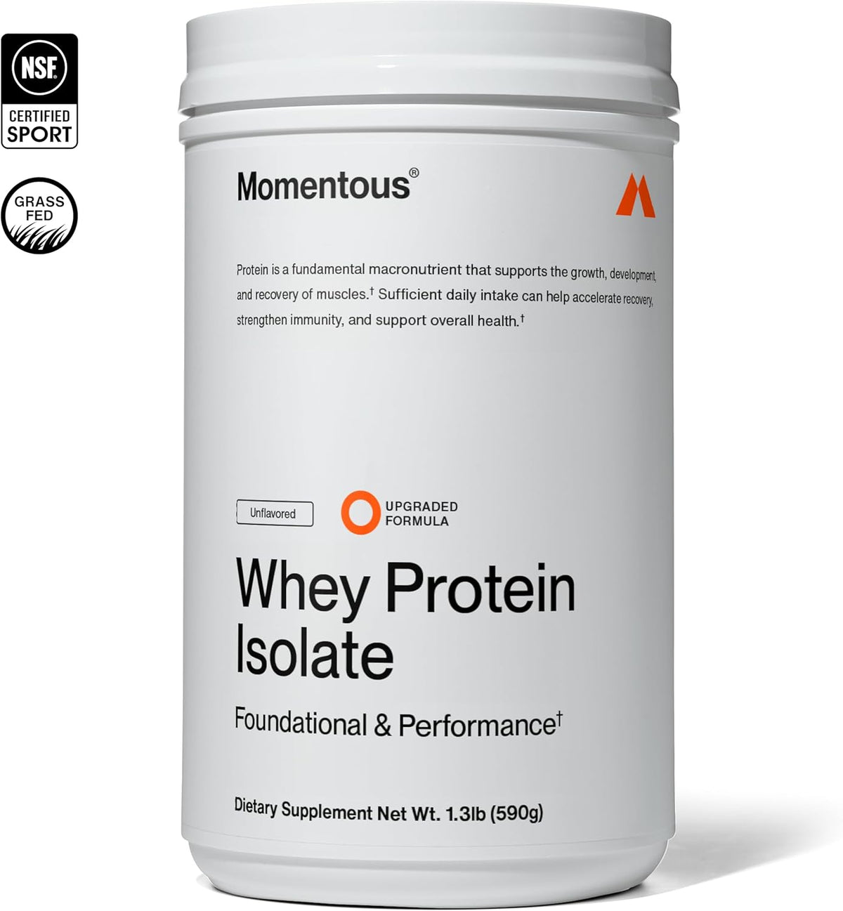 Momentous Grass-Fed Whey Protein Isolate Powder, 20g, Unflavored