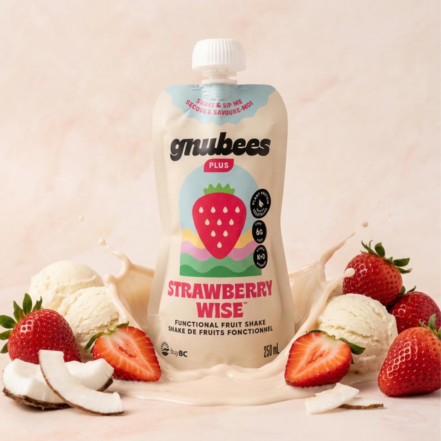 Gnubees Protein Smoothie, 6 Count – 8g Protein + 4g Fibersol | Ready-to-Drink Protein Shake For Adults with Real Fruits, Prebiotic, Non GMO, Lactose Free - Strawberry Wise, 8 fl oz