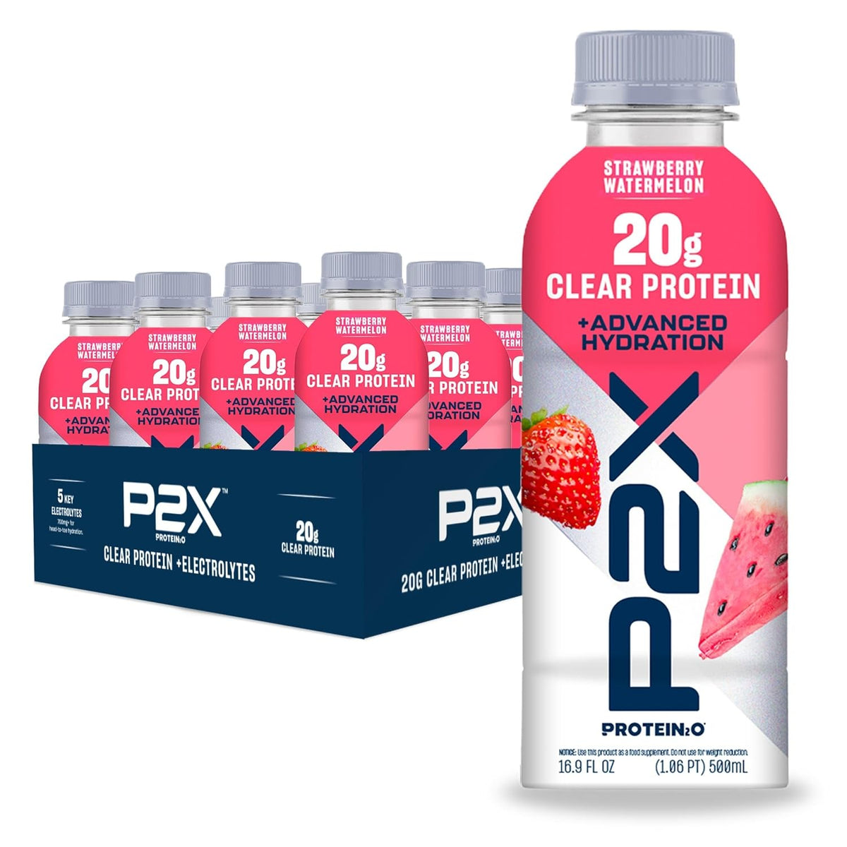 Protein2o P2X Advanced Hydration 20g Clear Protein Drink, 710mg of Electrolytes, 0g of Sugar - Post-Workout Recovery - 16.9 Fl Oz - 12 Count Strawberry Watermelon