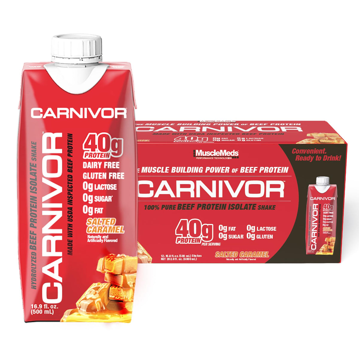 MuscleMeds Carnivor RTD, Ready to Drink Protein, Lactose Free, Sugar Free, 40g Isolate Protein, Muscle Building, Recovery, Chocolate, 16.9 Fl Oz (Pack of 12)