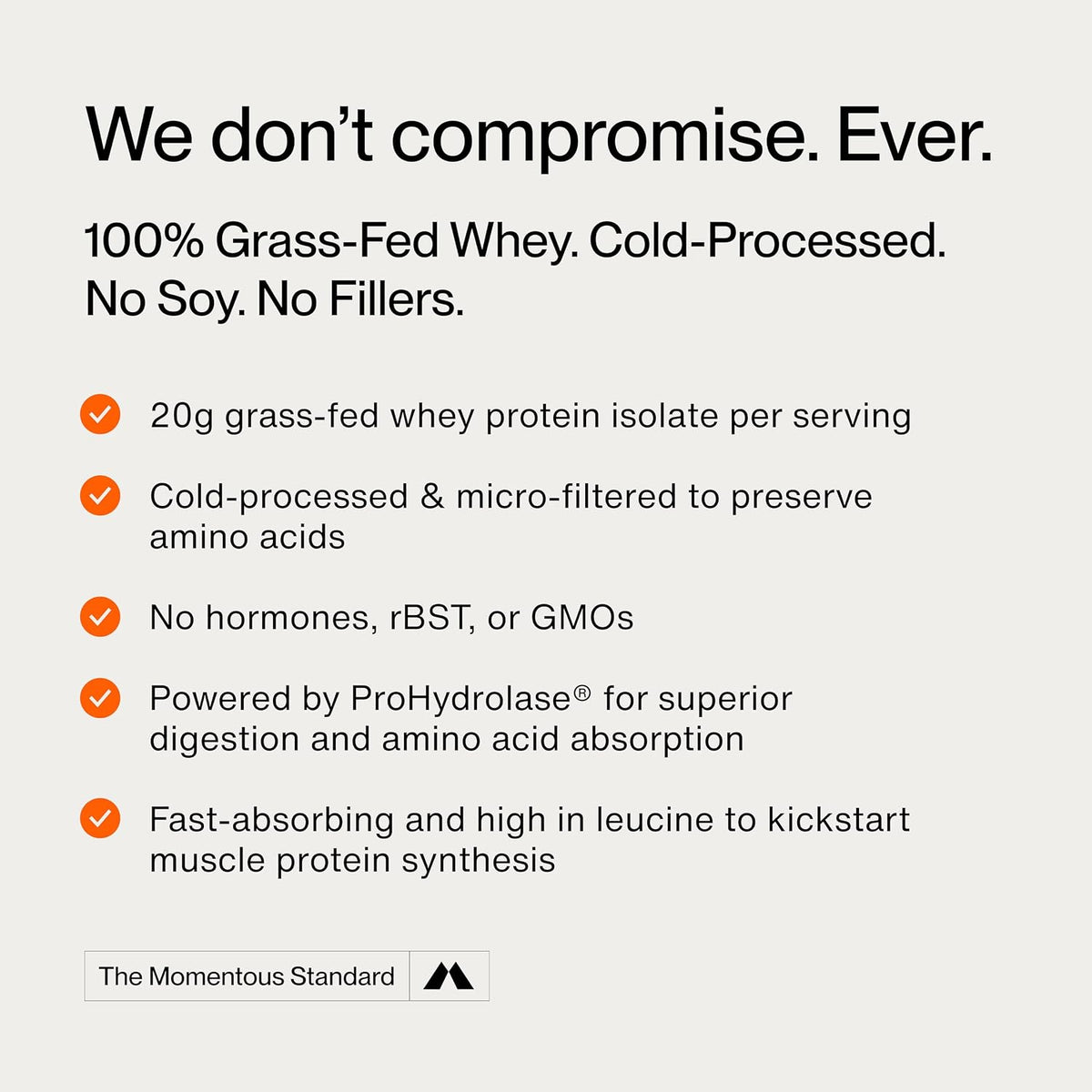 Momentous Grass-Fed Whey Protein Isolate Powder, 20g, Unflavored
