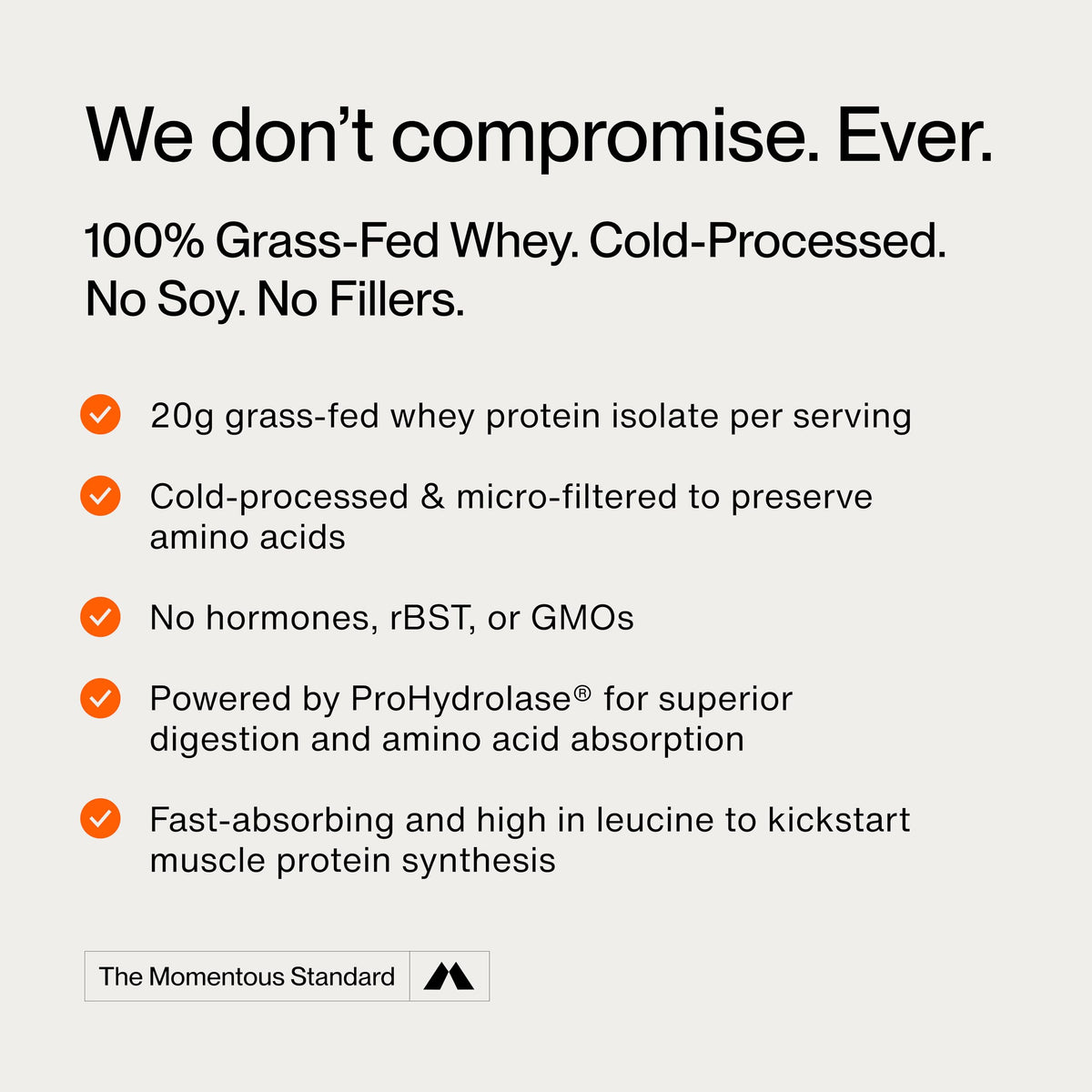 Momentous Grass-Fed Whey Protein Isolate Powder, 20g, Unflavored