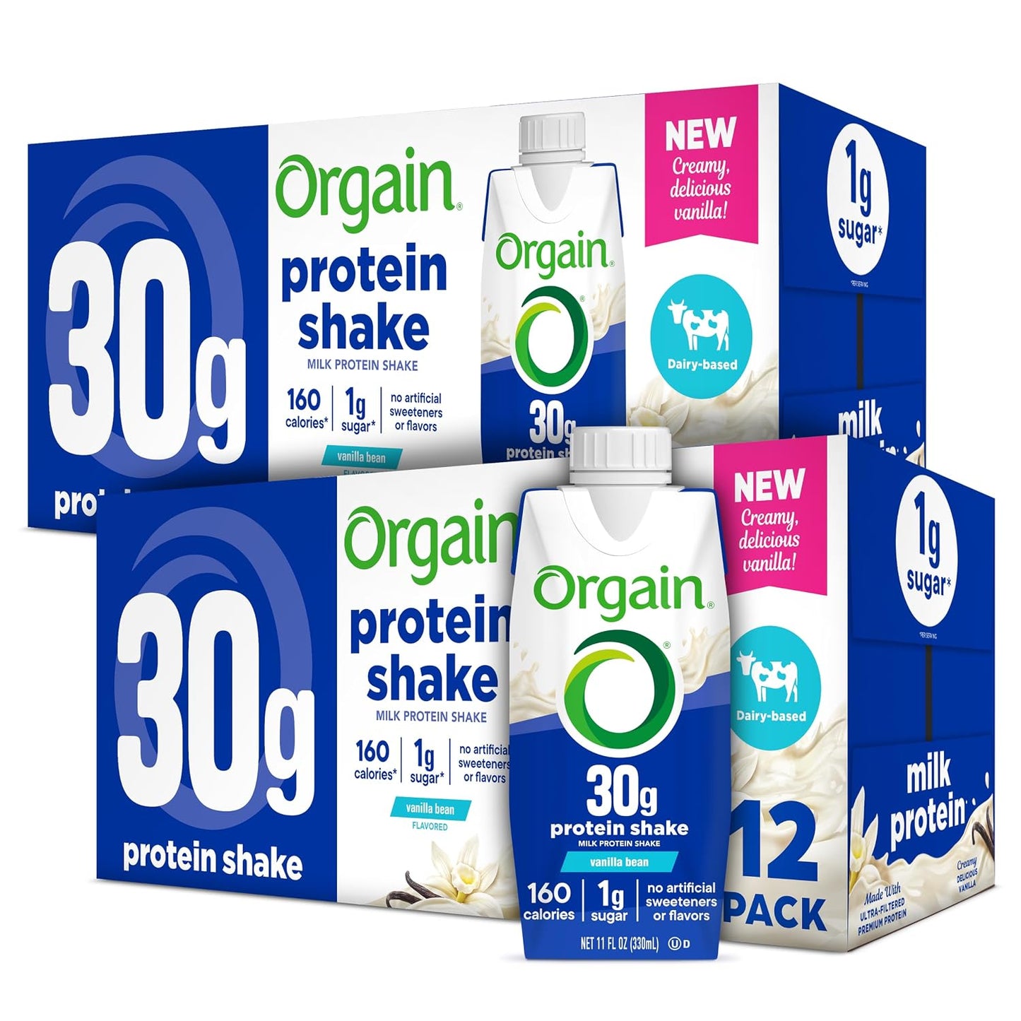 Orgain 30g High Protein Shake, Dairy Isolate Milk Protein, Vanilla Bean, 5g BCAAs, 1g Sugar Per Serving, Meal Replacement, Ready to Drink, Keto Friendly, Gluten-Free 11 Fl Oz (Pack of 12)