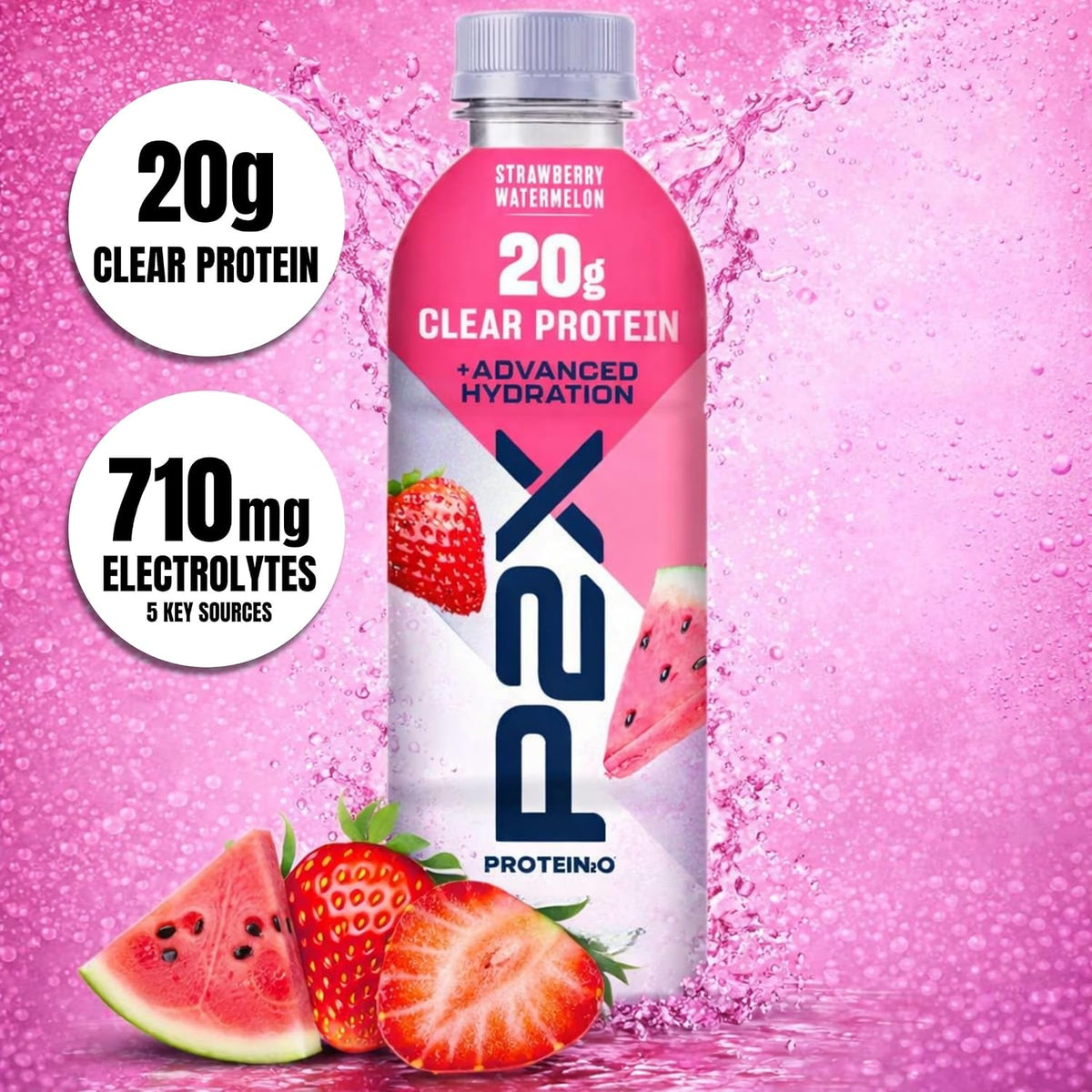 Protein2o P2X Advanced Hydration 20g Clear Protein Drink, 710mg of Electrolytes, 0g of Sugar - Post-Workout Recovery - 16.9 Fl Oz - 12 Count Strawberry Watermelon