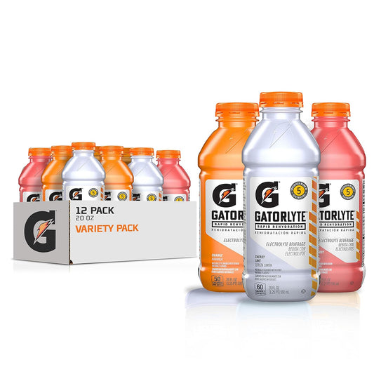 Gatorlyte Rapid Rehydration Electrolyte Drink, 3 Flavor Variety Pack, 20 fl oz Bottles (12 Pack), Specialized Blend of 5 Electrolytes, Lower Sugar, No Artificial Sweeteners, No Artificial Flavors, Gatorade, Hydration