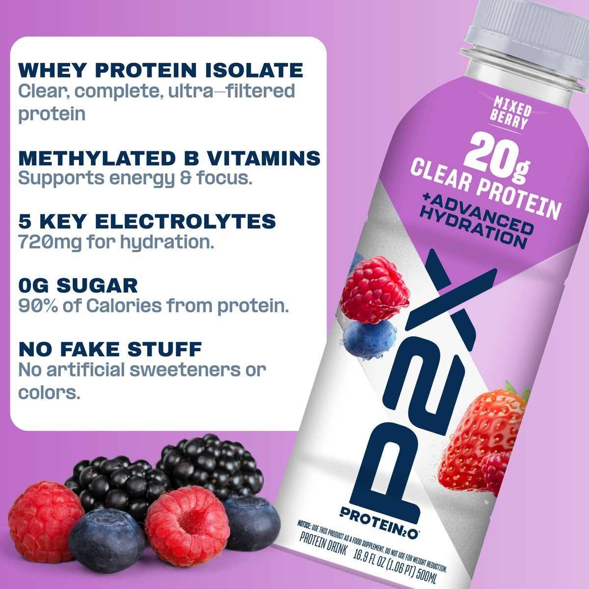 Protein2o P2X Advanced Hydration 20g Clear Protein Drink, 710mg of Electrolytes, 0g of Sugar - Post-Workout Recovery - 16.9 Fl Oz - 12 Count Strawberry Watermelon