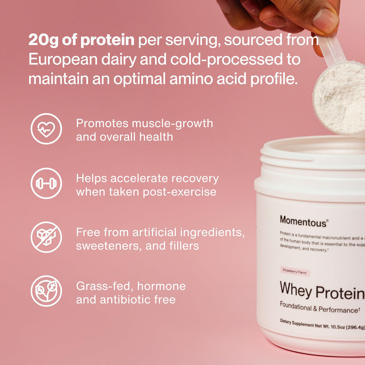 Momentous Grass-Fed Whey Protein Isolate Powder, 20g, Unflavored