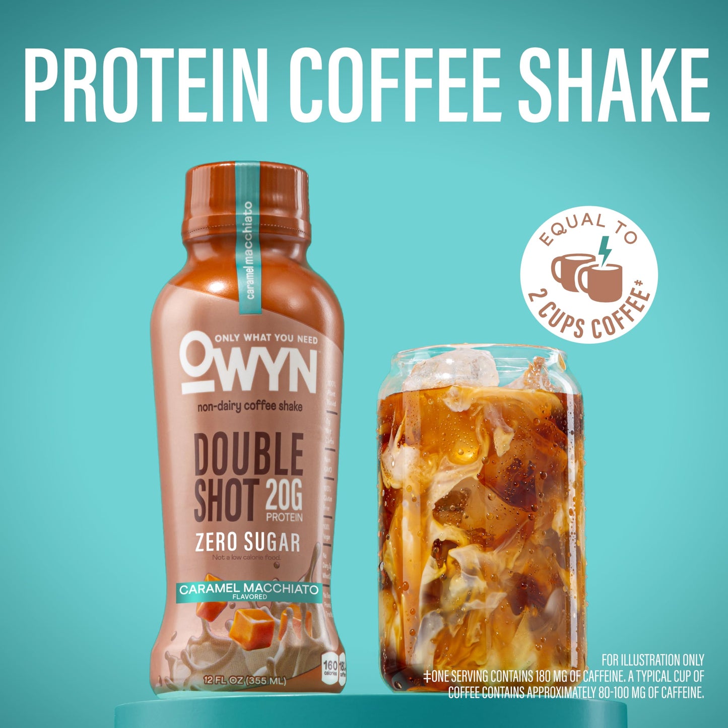 OWYN Only What You Need Double Shot Caramel Macchiato Flavored Protein Shake, 20g Protein, 0g Sugar, 3g Fiber, 180mg Caffeine, Dairy Free, Plant Based Protein Drink, 12 Count