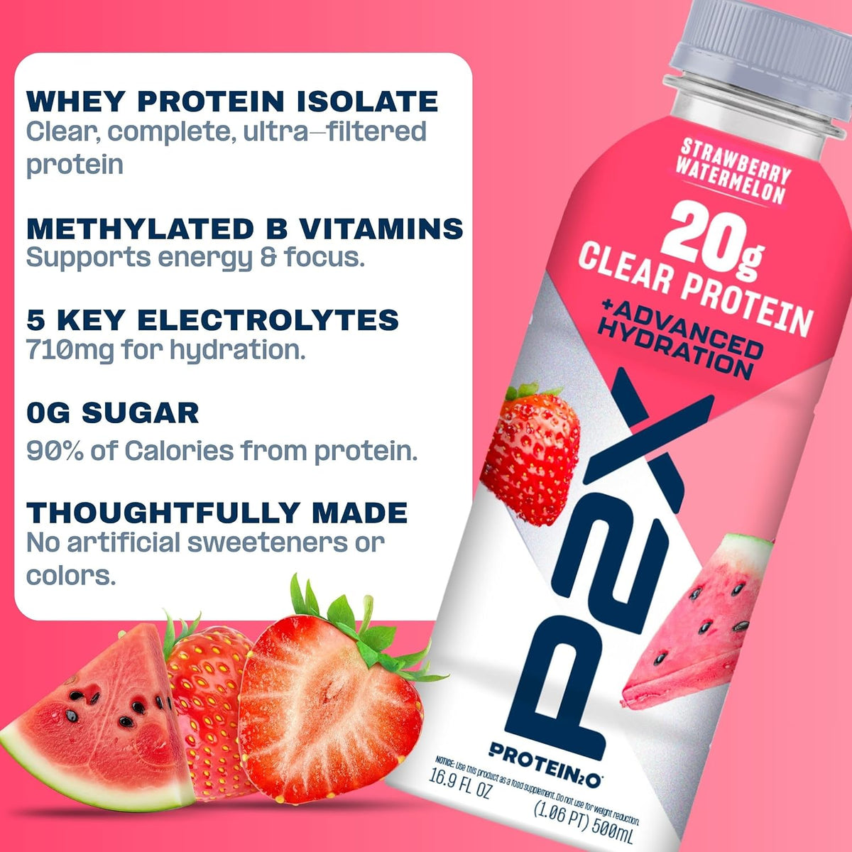 Protein2o P2X Advanced Hydration 20g Clear Protein Drink, 710mg of Electrolytes, 0g of Sugar - Post-Workout Recovery - 16.9 Fl Oz - 12 Count Strawberry Watermelon
