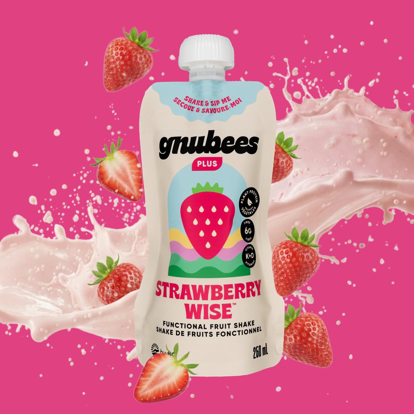 Gnubees Protein Smoothie, 6 Count – 8g Protein + 4g Fibersol | Ready-to-Drink Protein Shake For Adults with Real Fruits, Prebiotic, Non GMO, Lactose Free - Strawberry Wise, 8 fl oz