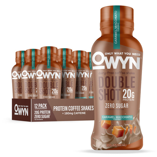 OWYN Only What You Need Double Shot Caramel Macchiato Flavored Protein Shake, 20g Protein, 0g Sugar, 3g Fiber, 180mg Caffeine, Dairy Free, Plant Based Protein Drink, 12 Count