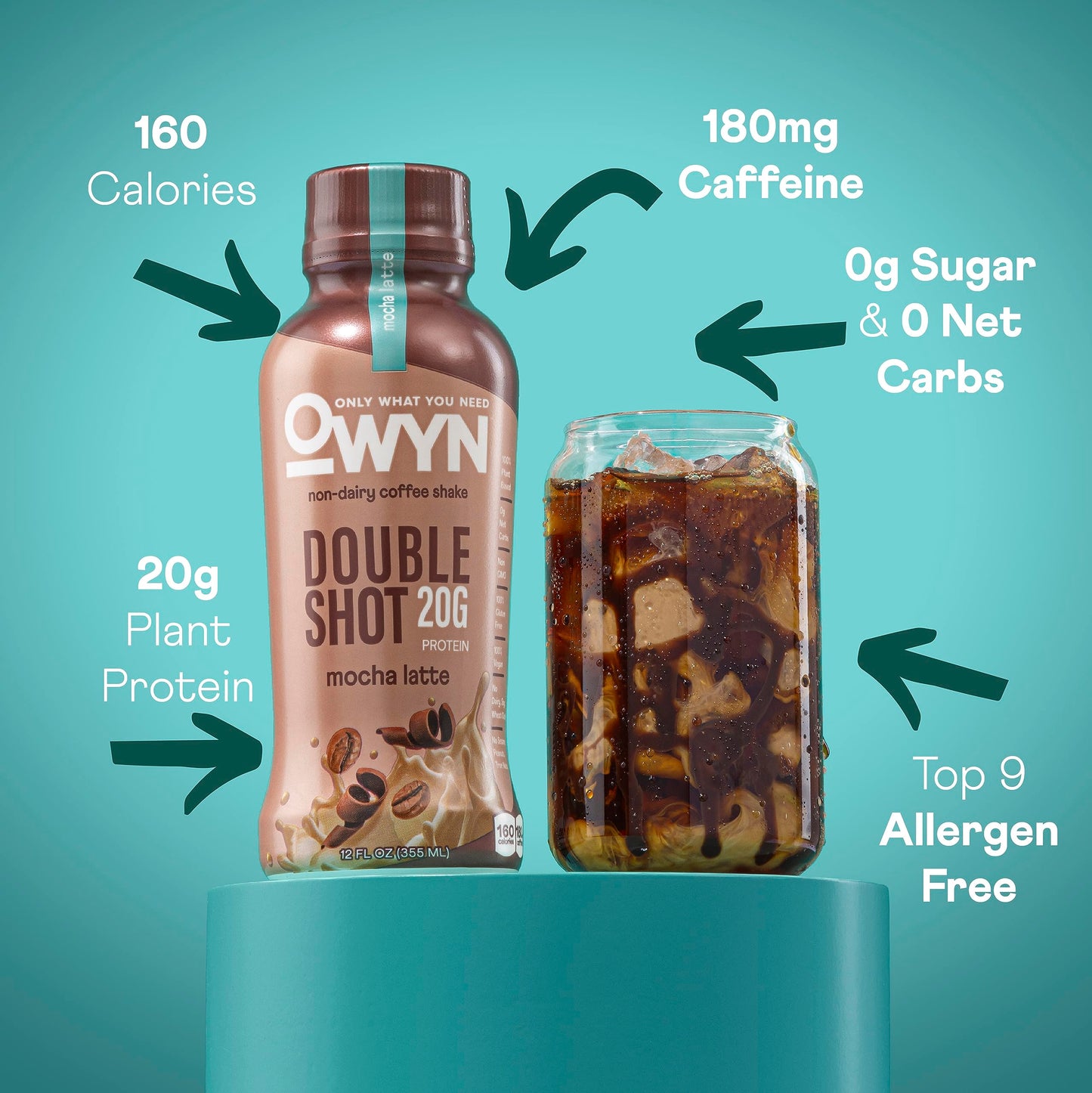 OWYN Only What You Need Double Shot Caramel Macchiato Flavored Protein Shake, 20g Protein, 0g Sugar, 3g Fiber, 180mg Caffeine, Dairy Free, Plant Based Protein Drink, 12 Count