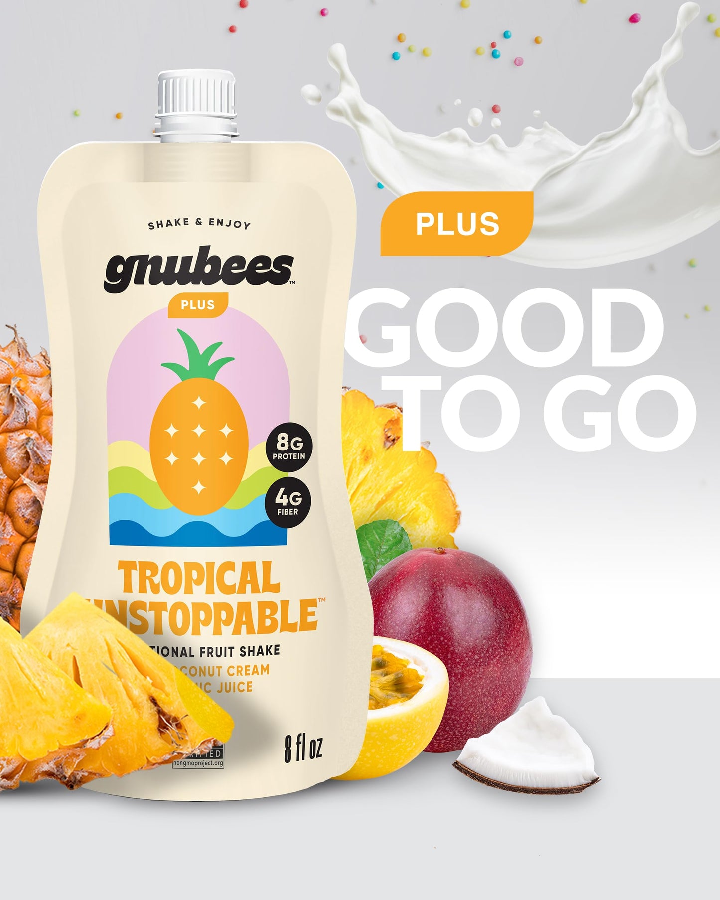 Gnubees Protein Smoothie, 6 Count – 8g Protein + 4g Fibersol | Ready-to-Drink Protein Shake For Adults with Real Fruits, Prebiotic, Non GMO, Lactose Free - Strawberry Wise, 8 fl oz