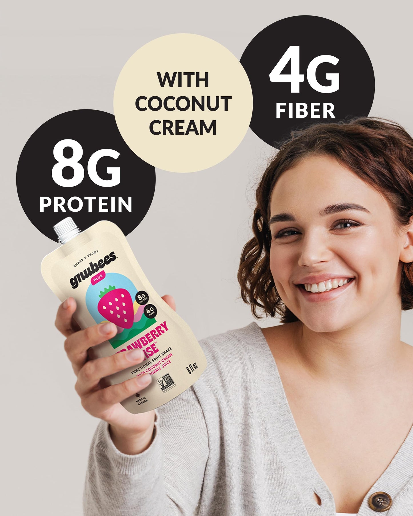 Gnubees Protein Smoothie, 6 Count – 8g Protein + 4g Fibersol | Ready-to-Drink Protein Shake For Adults with Real Fruits, Prebiotic, Non GMO, Lactose Free - Strawberry Wise, 8 fl oz
